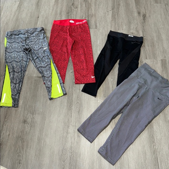 Women’s Nike Dri-fit Pro Red Black Gray Neon Yellow Striped Capri Leggings S M - Picture 1 of 10